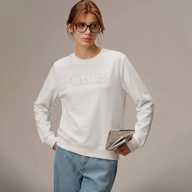 CHCH Women's Hoodie 2026 New Simple Pearl Embroidered Top Women's Beige Loose Long Sleeve Hoodie