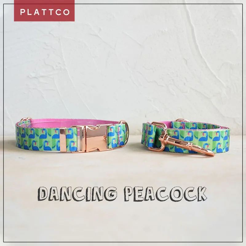 PLATTCO unique design dog set print DANCING PEACOCK pattern with high-quality rose gold buckle 5 size PDC314RG&PDL314RG