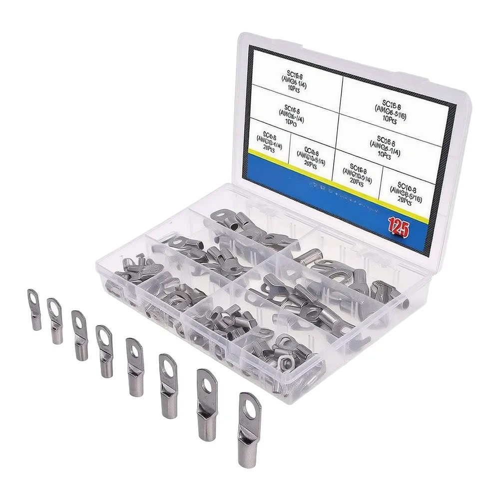 125pcs Tin Plated T2 Copper Wire Lugs Series for Vibration Resistant Crimping AWG4-AWG10 Industrial Applications