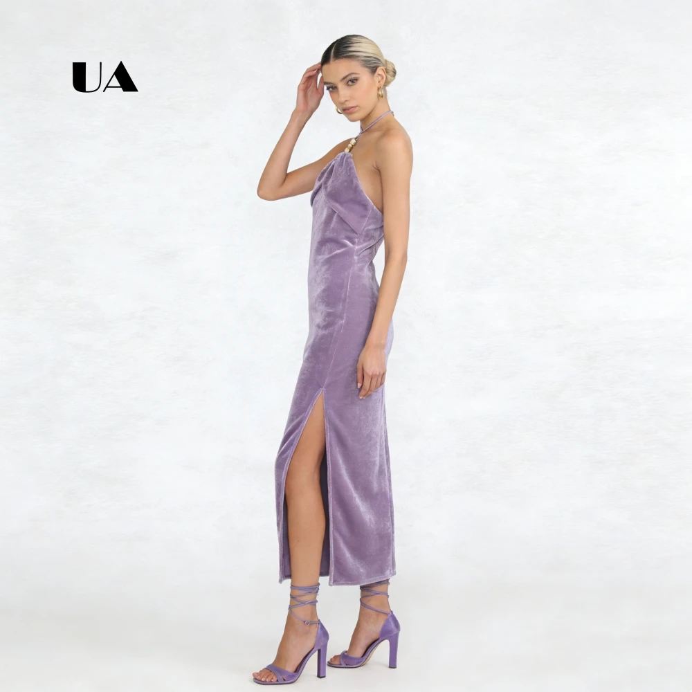 ULBYANRY Velvet Sheath Halter Prom Dress with Gold Beads, Solid Foldover Ruched Evening Dress, Simple Slit Customized Party Gown