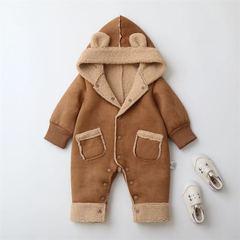 

Newborn Baby Faux Fur Onesie 2025 New Autumn Winter Baby Romper Plus Velvet Warm Girl Jumpsuit Hooded Boy Bodysuit Coat 0-24M