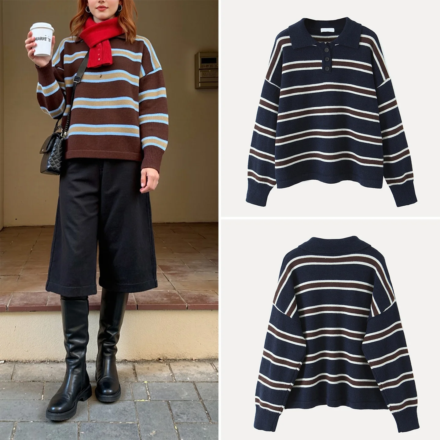 

Loose Ne Sweater Women's Sle Preppy Autumn Winter Warm Thermal Long Sve Striped Patterned Commute Friendly