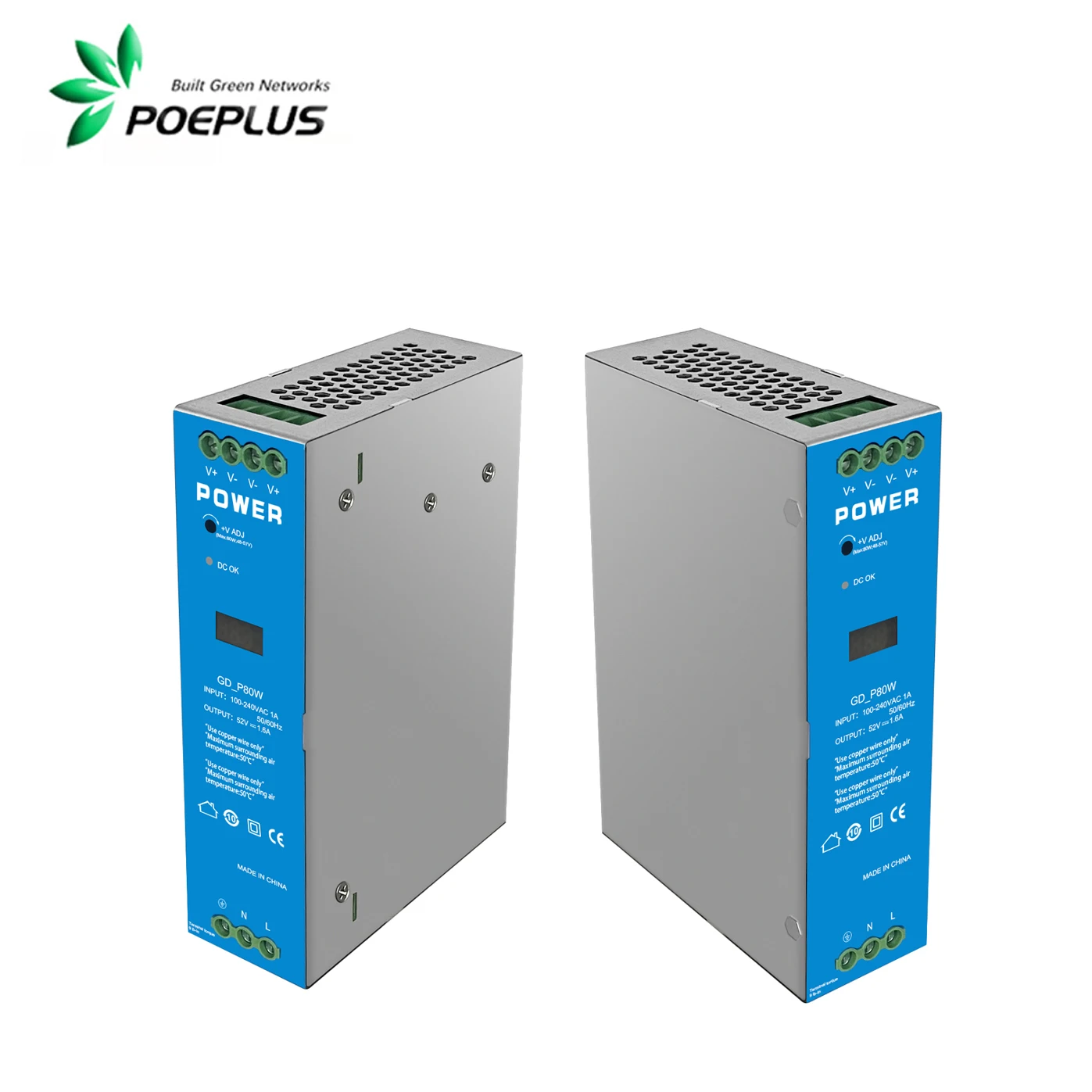 Fuente de alimentación DIN de grado Industrial de 80/120W, entrada de 90-265Vac, salida ajustable de 48-57Vdc, salida CC doble, pantalla LED