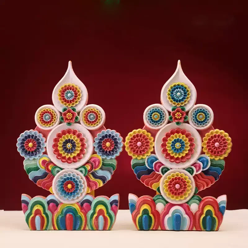 Tibetan Buddhist Altar Wooden Three Roots (Guru,Deity & Dakini) Torma Eight Auspicious Offerings Home Shrine Ritual Decor