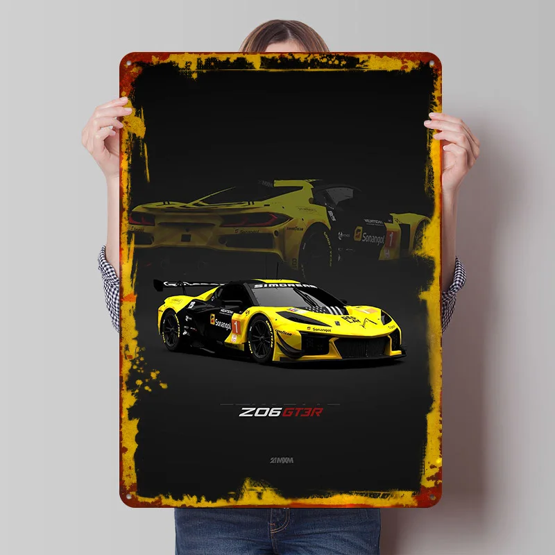 Corvette Z06 GT3R Race Front View Tin Poster Customized Wall Art Retro Vintage Metal Signs for Fans Room Bedroom Decorations
