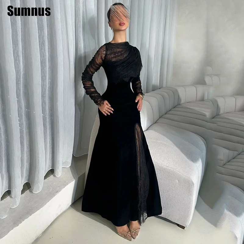 

Sumnus Charming A-Line Prom Dresses Midi Long Lace Sleeves Side Slit Evening Dress جديد في الفساتين Customized