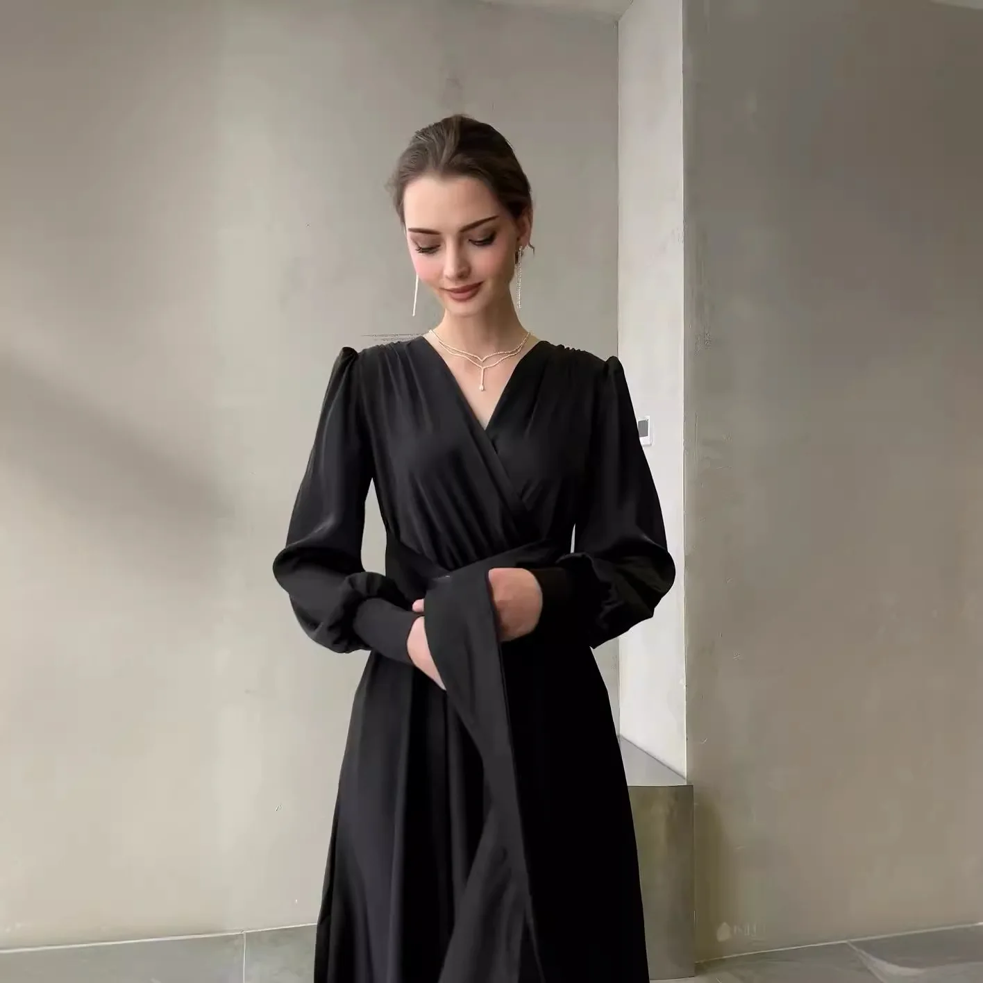 Long Sleeve Solid V Neck Party Dress Women Pullover Ankle Length Dress Basics Vestidos Loose Fit Shirring Sashes 2024 Summer