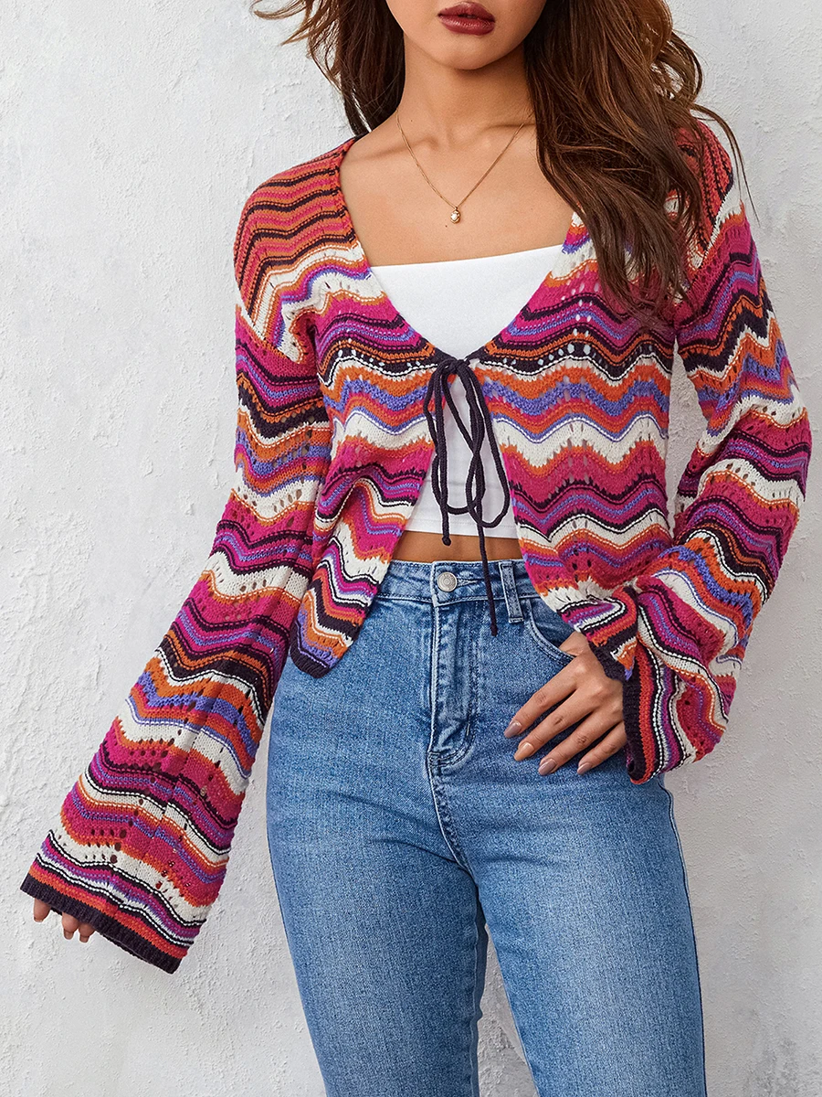 

wsevypo Colorful Striped Knitwear Women's Casual Long Sleeve V Neck Tie Front Cardigans Fall Spring Streetwear Sweaters Coats