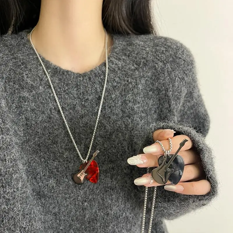 Hip-hop Guitar Pick Pendant Necklace Punk Titanium Steel Guitar Chain Choker Trendy Vintage Electric Guitar Sweater Chain Boys