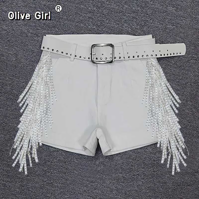 Olivegirl, pantalones cortos informales de cintura alta, multicolor, de verano para mujer, de gama alta, con borlas y lentejuelas, pantalones elásticos calientes, pantalones de abrigo