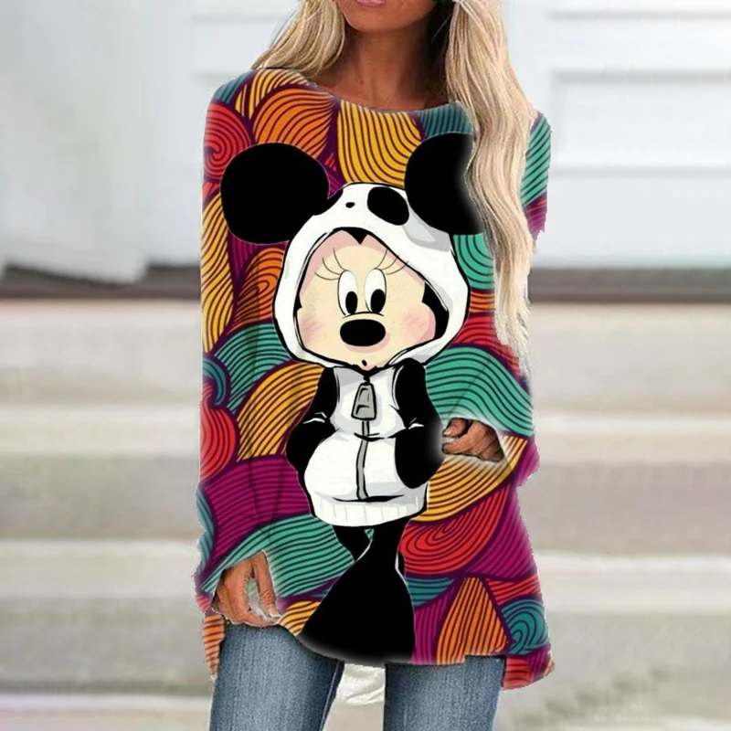 Mickey Minnie cartoon autumn new women's round neck loose long sleeve pullover T-shirt fashionable all-match casual T-shirt top