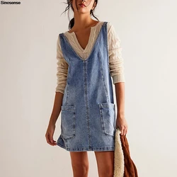 Women Denim Overalls Mini Dress Sexy V Neck Sleeveless Adjustable Straps Loose Fit Street Mini Jean Jumper Dress With Pockets