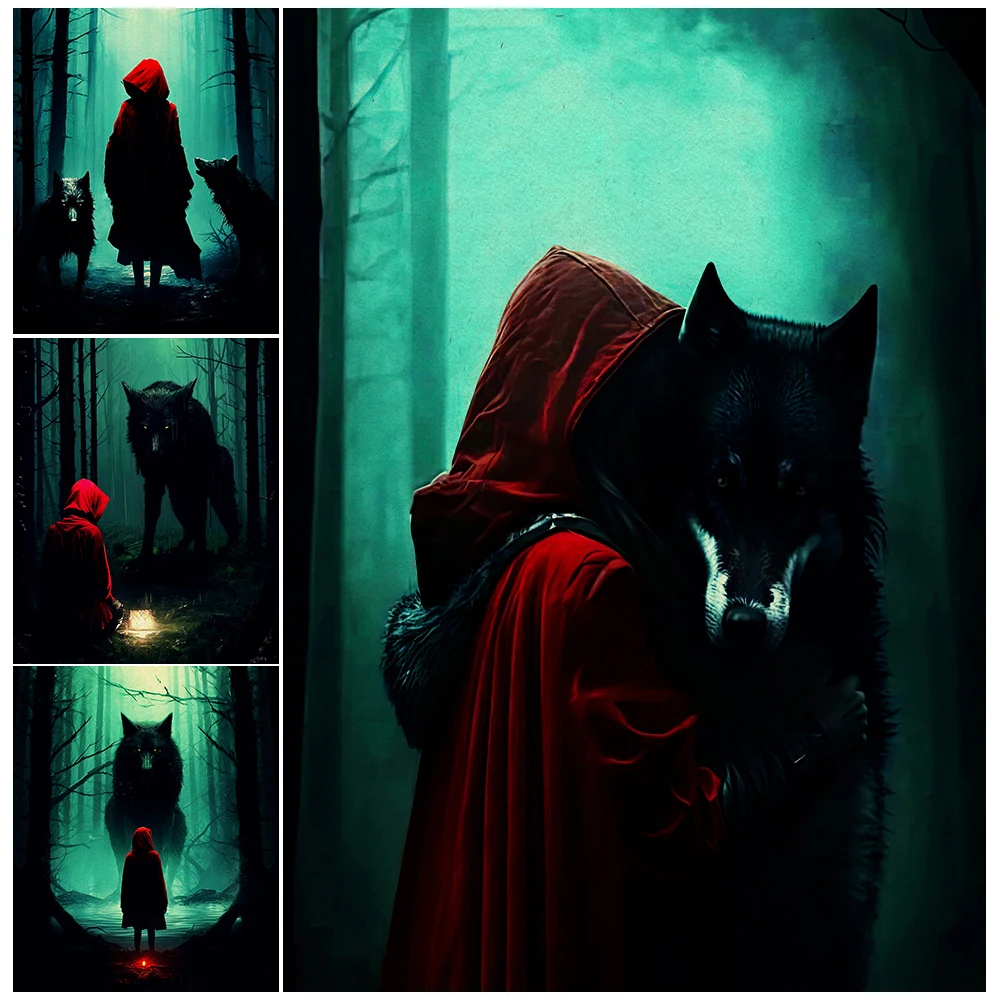 Little Red Riding Hood And Big Bad Wolf In The Forest Vintage Wall Art Canvas Print Horror Fairy Tales Gothic Art Poster Print