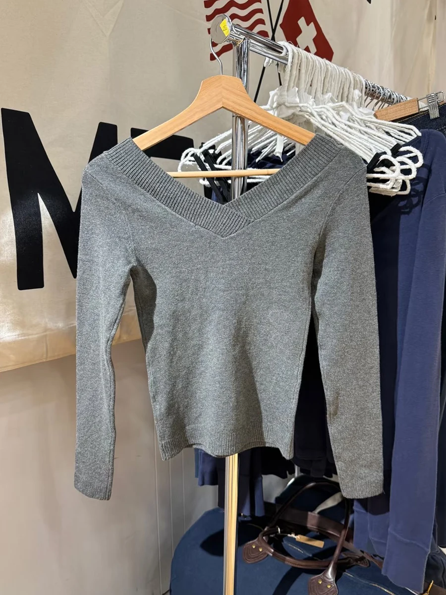 Cinza duplo decote em v camisola de malha primavera algodão fino manga longa malhas topos feminino vintage sólido all-match jumpers 2026 novo