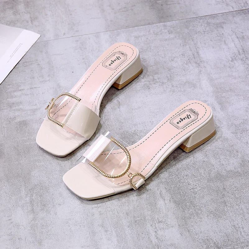 Clear Shoes White Low Heel Summer 2024Slides Job Outside Transparent Women\'s Slippers and Ladies Sandals Chic Elegant Clappers