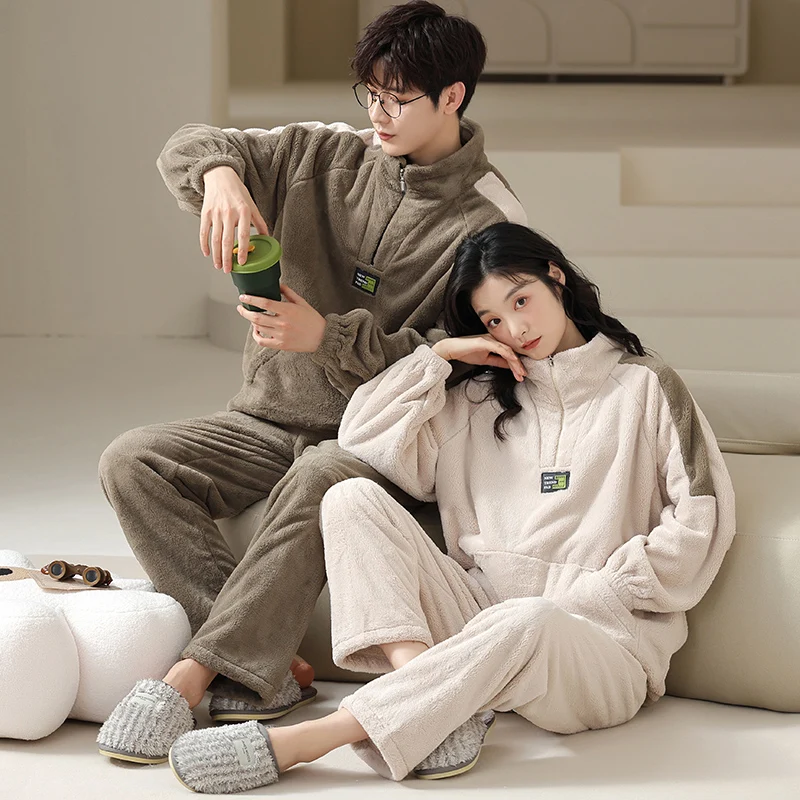 Juste de pyjama en velours pour couple, confortable et doux pour la peau, design à demi-fermeture éclair, pyjama Campan, chaud pour l'hiver