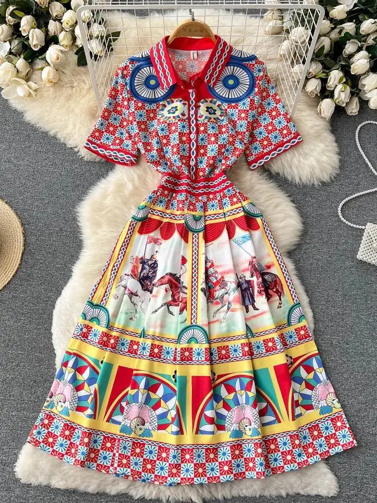 

Женское винтажное красное вечернее платье, летние длинные платья с короткими рукавами и лацканами с принтом, летние тонкие плиссированные длинные платья трапециевидной формы, Vestidos