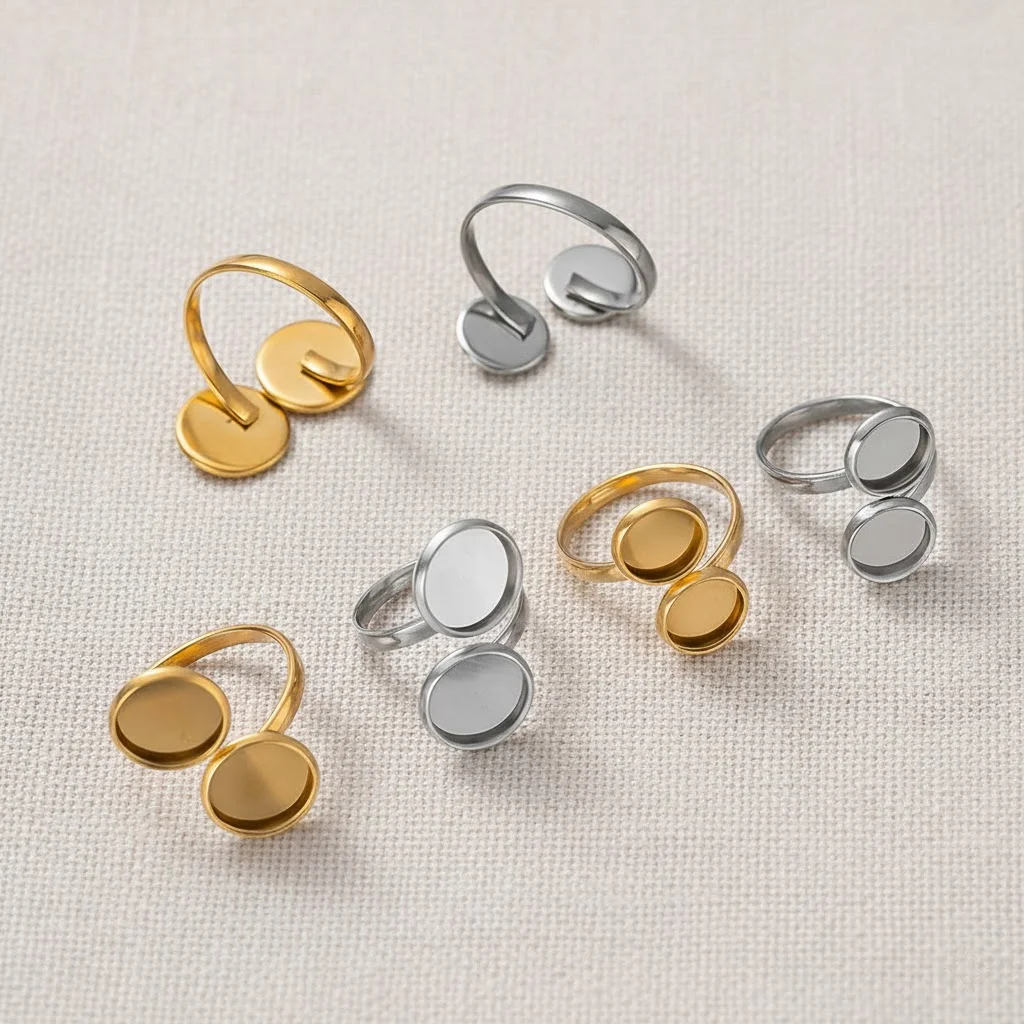5pcs 304 Stainless Steel Flat Round Finger Ring Blank Base Pad Findings Bezel Tray Adjustable Cuff Ring Settings Cabochon