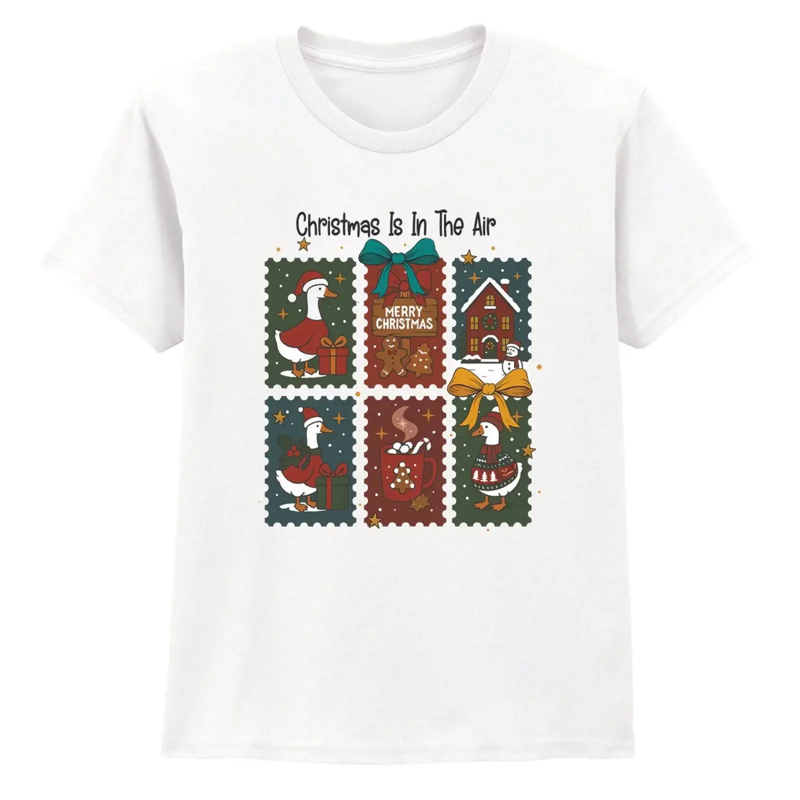 Camiseta infantil con estampado navideño 'Weihnachten liegt in der Luft' y 'Frohe Feiertage', diseño de ganso festivo, vintage, lavado, versátil, para uso diario.