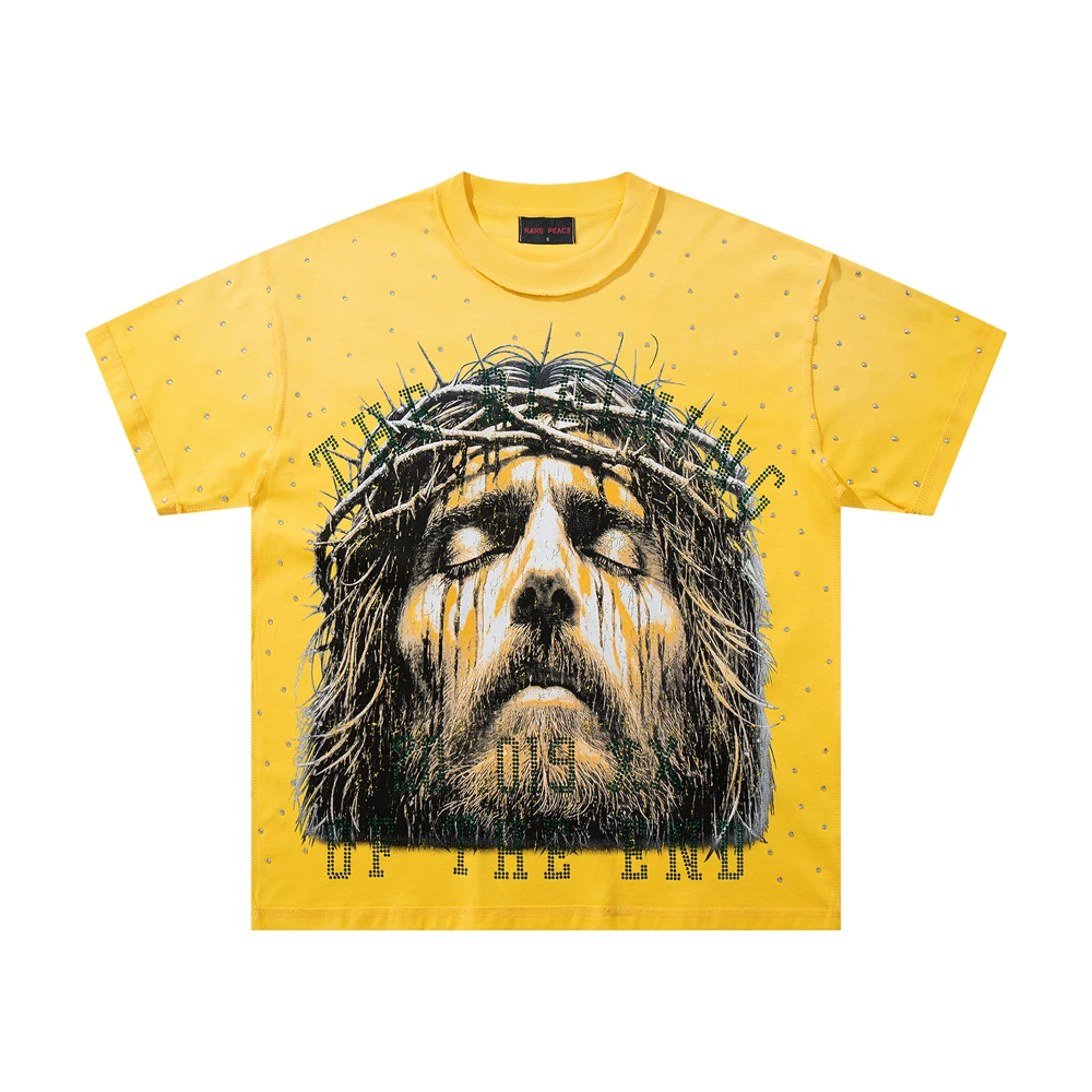 26ss Vintage Rare Peace Washed Yellow Diamond Studded T Shirt Men Women Tee Tops T-Shirt