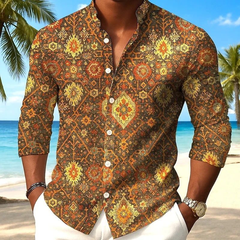 

New Men's Vintage Pattern Flip-over Long Sleeve Button Print Top Fashion Street Clothing Designer Western Style