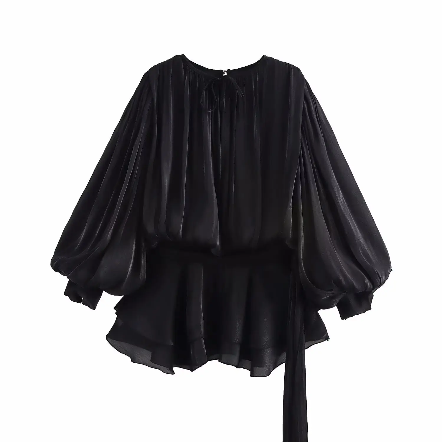 Doorschijnende mesh-jurk met klokmouwen en ingebouwde shorts Lente zwierige korte jurk Boheemse jurk met strikband Hoog-laag zoom 2025, zomer