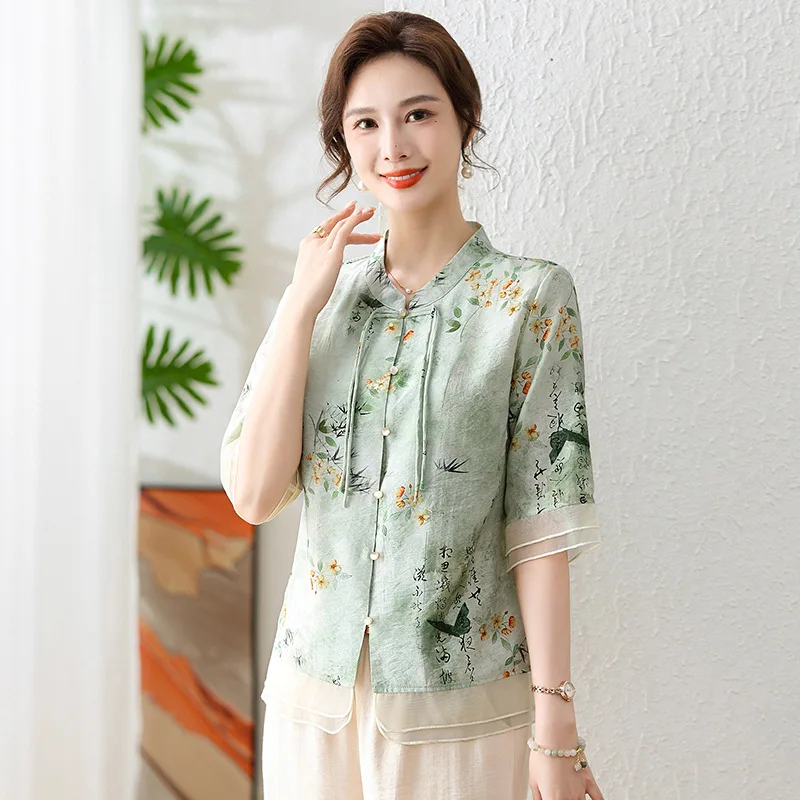 Dress with Western Style New Chinese Style Buckle Retro Ethnic Style Mesh Sleeve Splicing Double-layer Shirt for Women