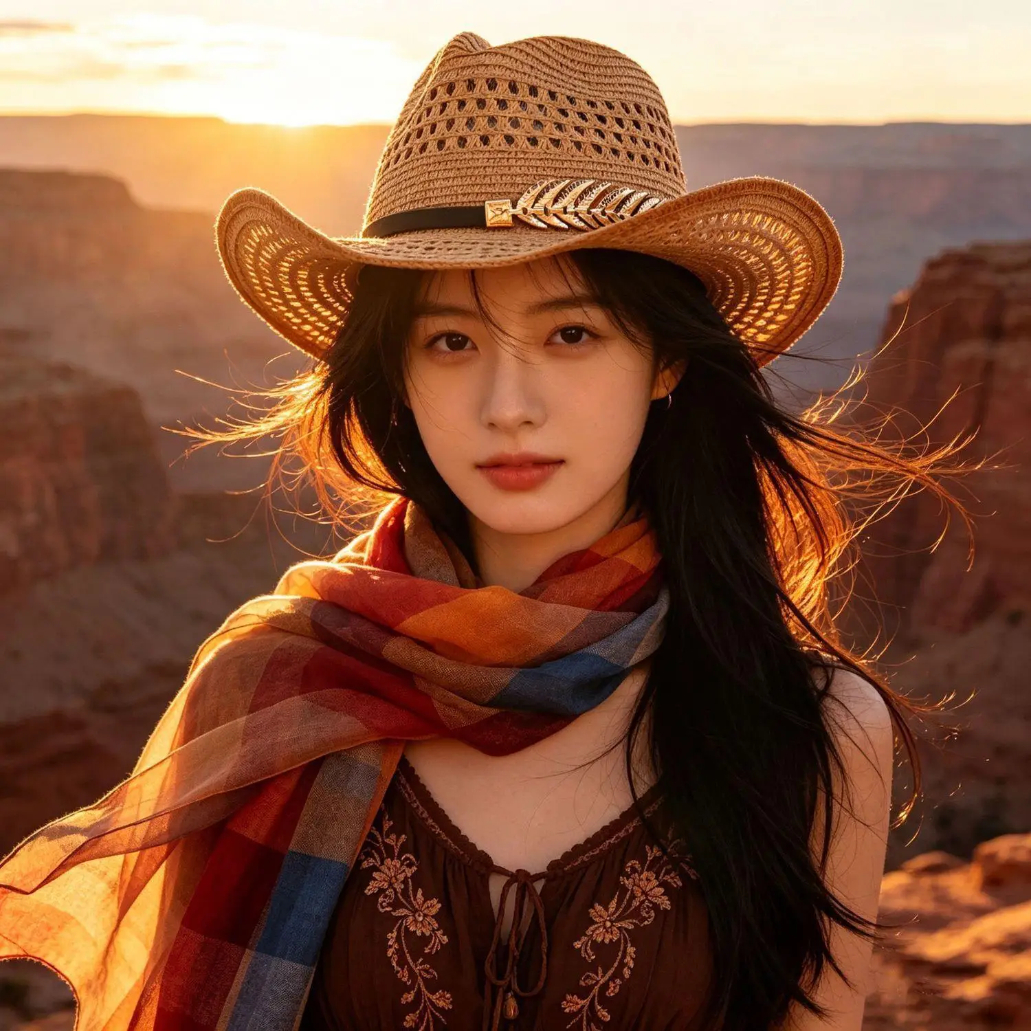 A Must-Have for the Prairie and Beach! Western-Style Hollow-Out Woven Denim Straw Hat, Large-Brimmed Sun Protection Breathable Mesh Summer Hat, Suitable for Prairie Horse Riding/Sea Vacations, and Everyday Travel