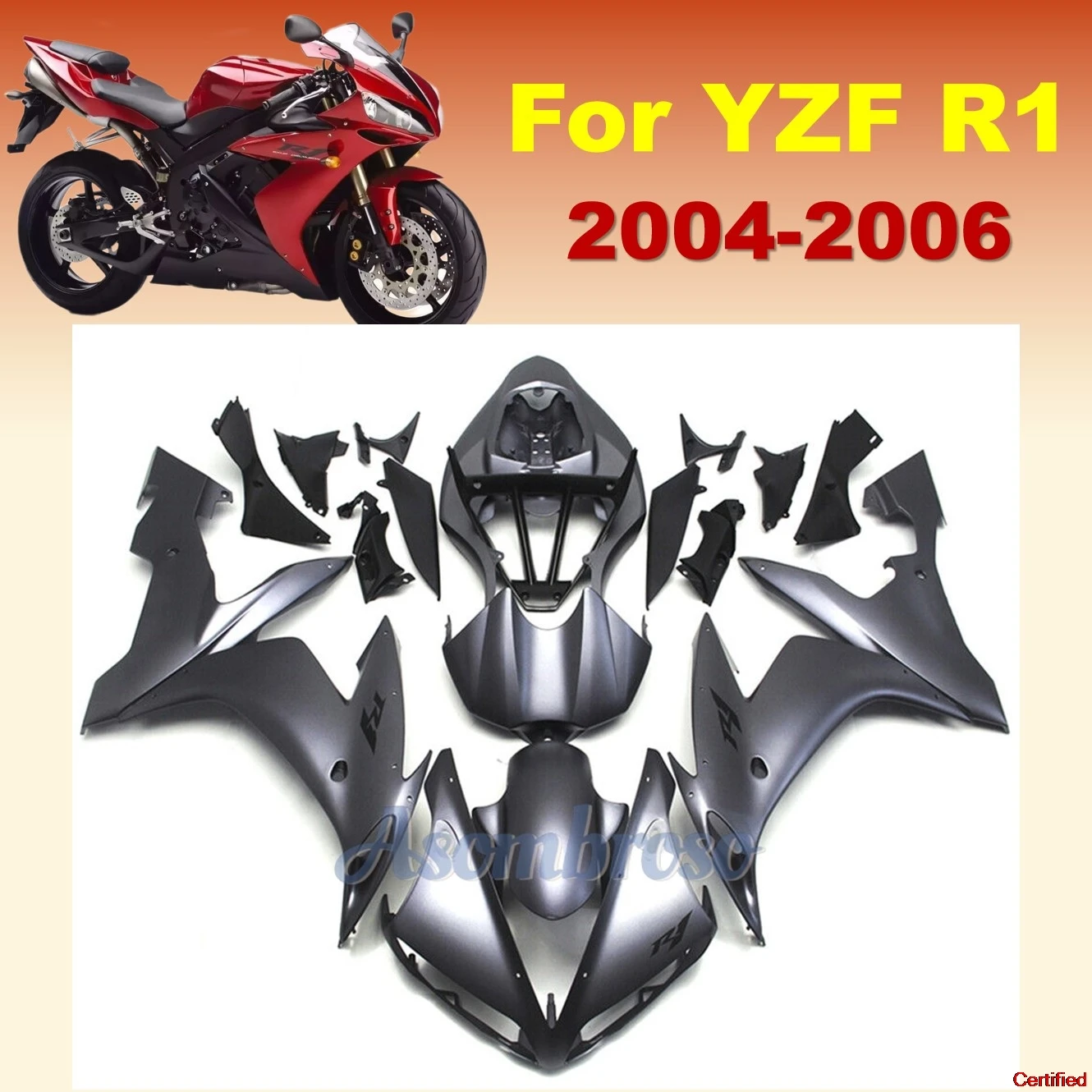 

Комплект кузова для YAMAHA YZFR1 YZF-1000 YZF R1 2004 2005 2006 YZF-R1, комплект обтекателей, матовый черный с крышкой бака