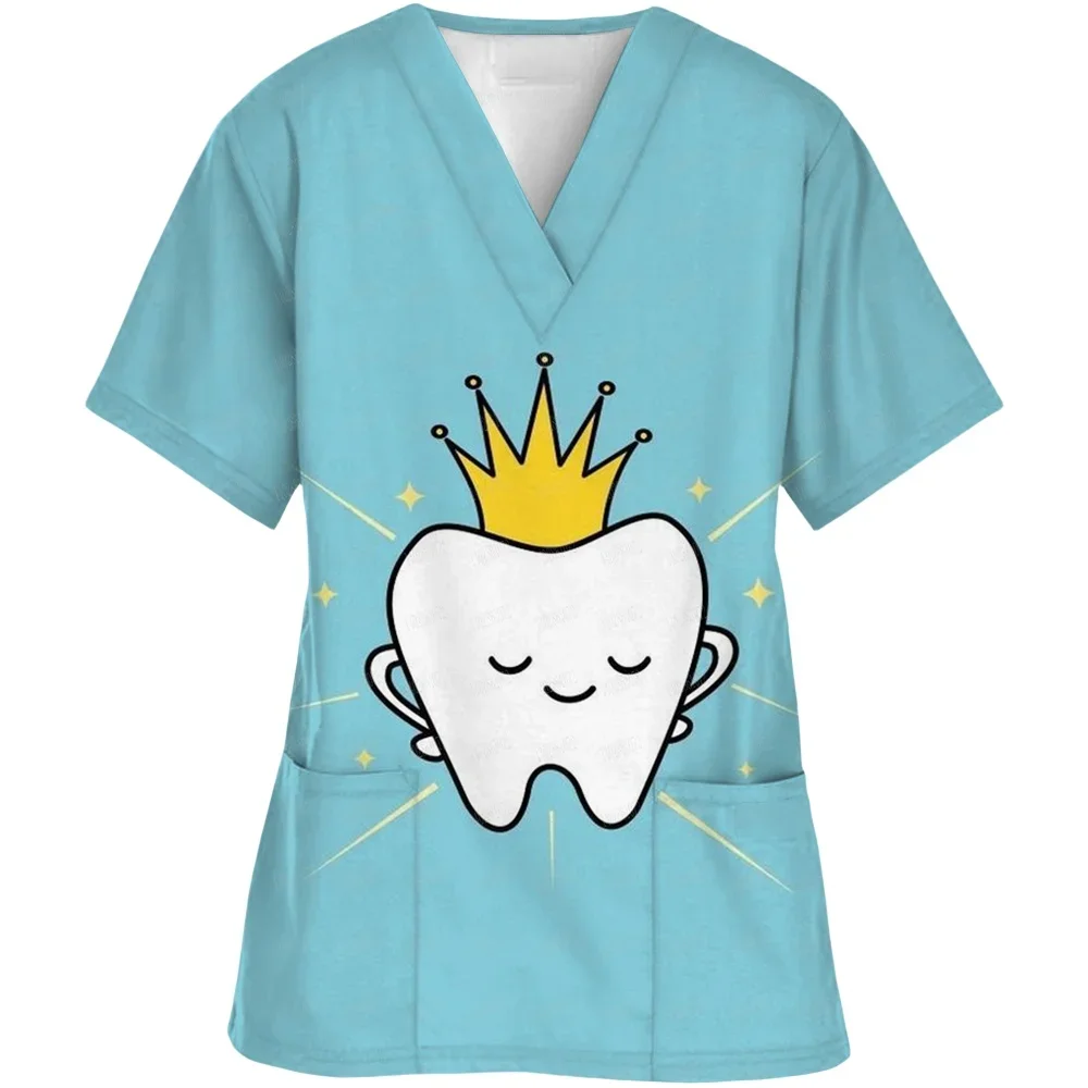 الزي الجراحي امرأة الأسنان ثلاثية الأبعاد طباعة الخامس الرقبة جيب طبيب الأسنان الدعك امرأة الكرتون تي شيرتات قصيرة الاكمام الزي السريري امرأة #2