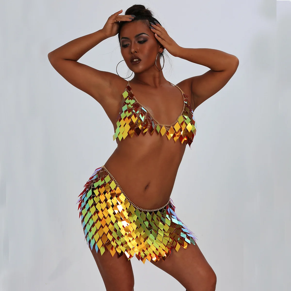 Rhombic Sequins Two Piece Set Beachwear Sexy Halter V-Neck Backless Hollow Out Camis Mini Skirt Rave Festival Body Chain Outfit