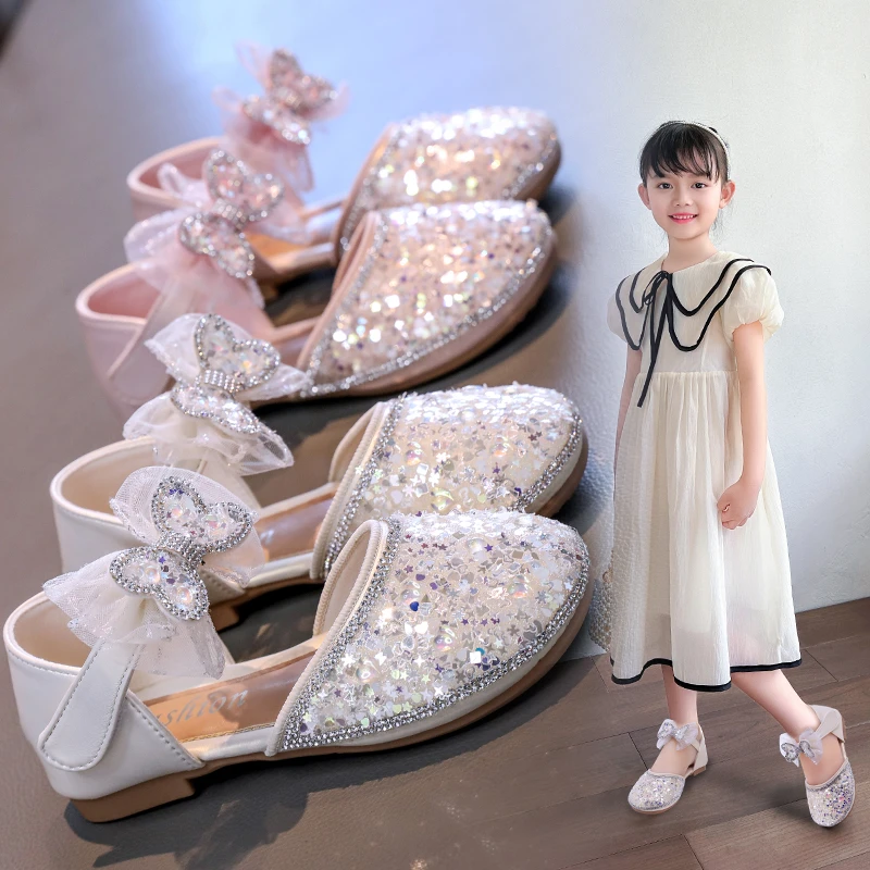 

Детские сандалии принцессы, модные летние новинки 2023 года для девочек с бантом, пляжная обувь, поступление, блестящий носок