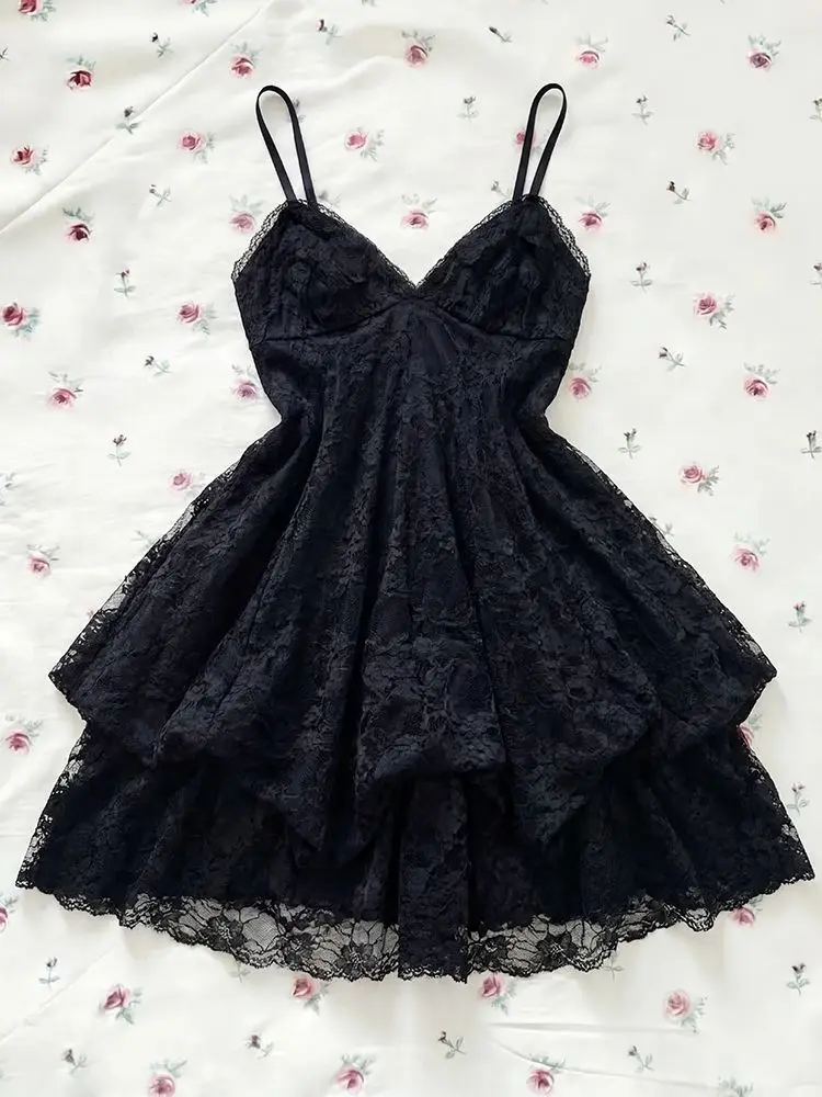 

2026 Summer Black Lolita Dress Women Vinatge Japanese Style Kawaii Sweet Lace Ruffles Cake Harajuku Y2K Slim Bandage Dress