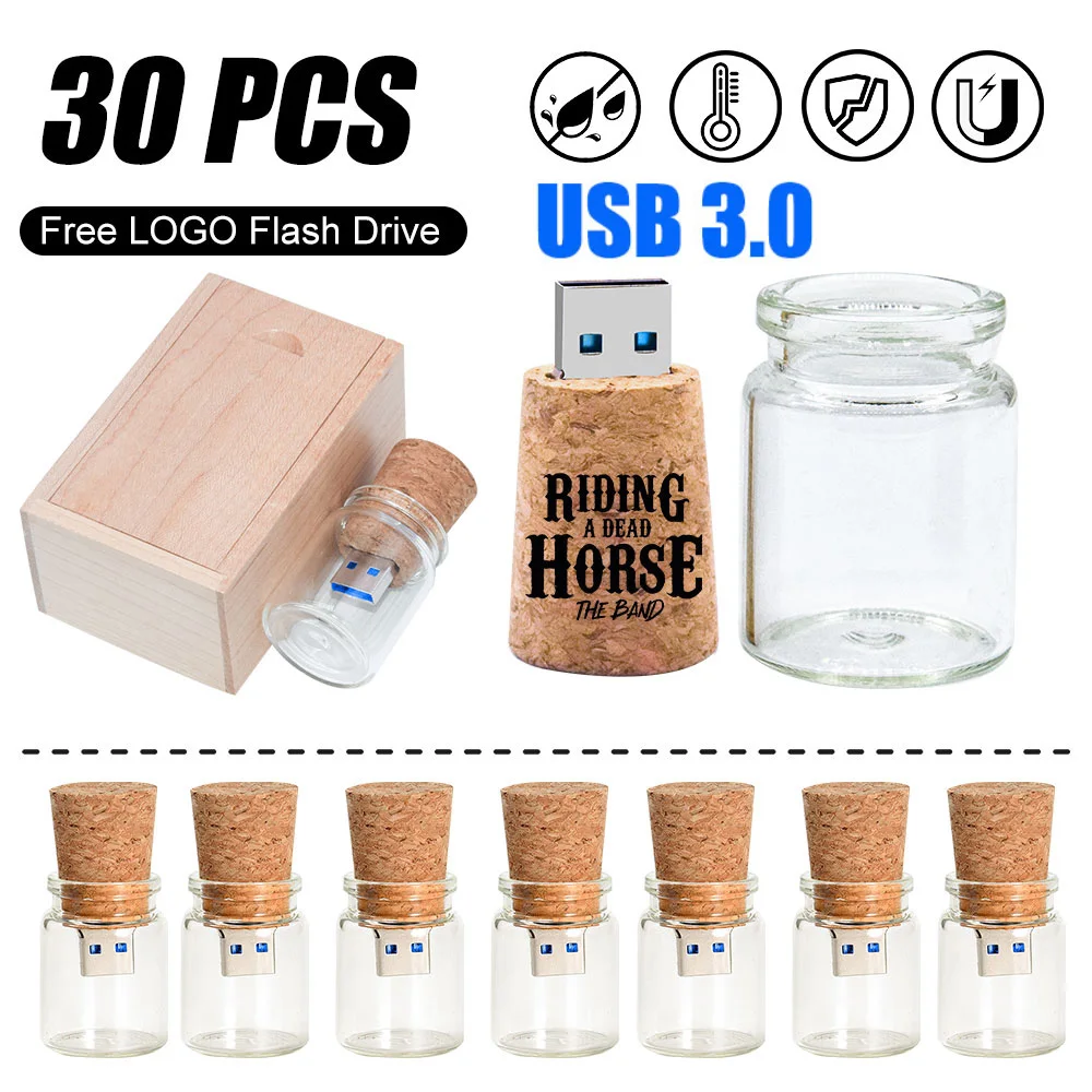 30 Uds nueva llegada botella de mensajero 3,0 memoria palo botella de deriva de vidrio 8GB 128GB unidad flash usb colgante de corcho de madera 16G 32G 64G