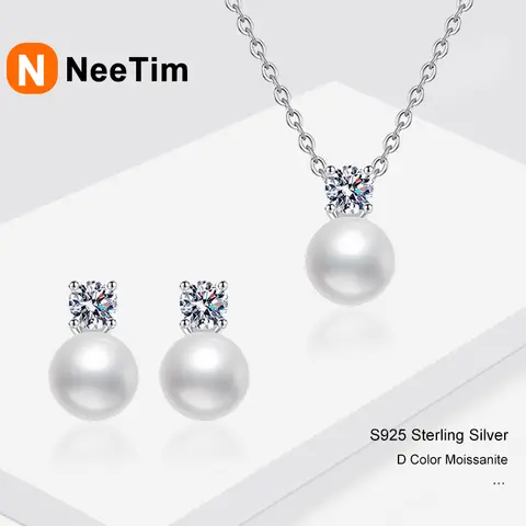 NeeTim 여성용 모이사나이트 진주 펜던트 목걸이, S925 실버 귀걸이 쥬얼리 세트, 결혼 기념일 선물, D 컬러 VVS1, 4mm