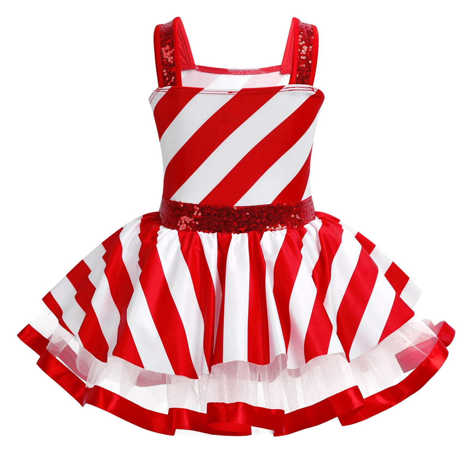 Kids Girls Christmas Party Dance Dress Candy Cane Striped Sequins Ballet Skating Gymnastics Leotard Tutu Carnival Circus Costume view 2