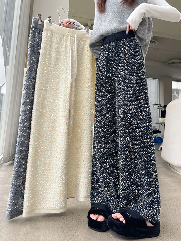 

High Waist iny Sequin Knitted Wide Leg Pants Women's Casual Spring New Sle Versatile Faion Long Trousers Ele Commute