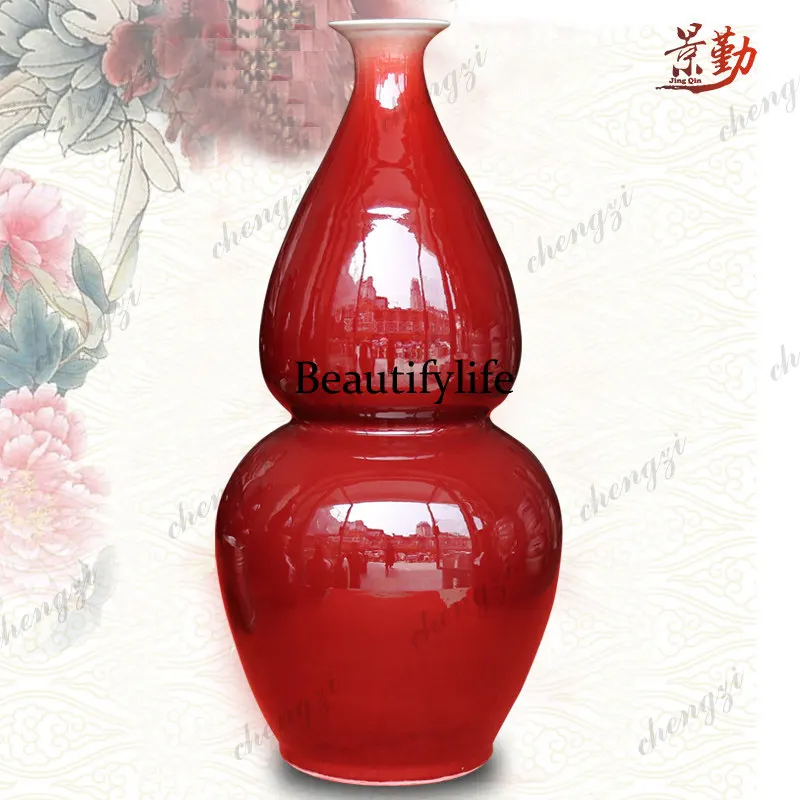 China Red Kiln turns bright red color glaze to implement the opening ceremony of the large vase living room