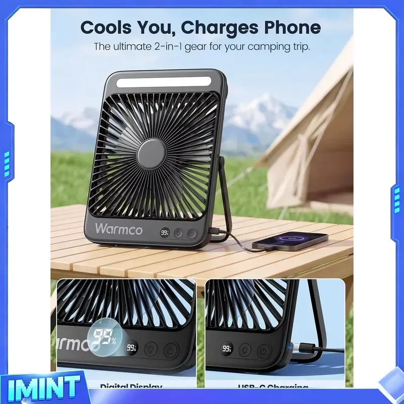 Warmco 20000mAh Battery Powered Fan, Ultra-Slim 8-Inch Portable Camping Fan with LED Lantern, 48h Rechargeable Desk Fan