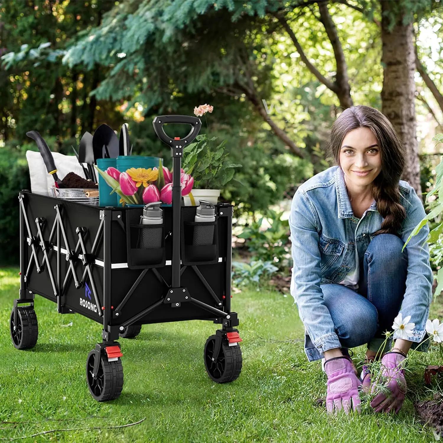 Foldable Wagon Cart Wheels Folding Utility Heavy Duty Wagons Carts Grocery Sports Garden Shopping Camping Wheelbarrows Black 150