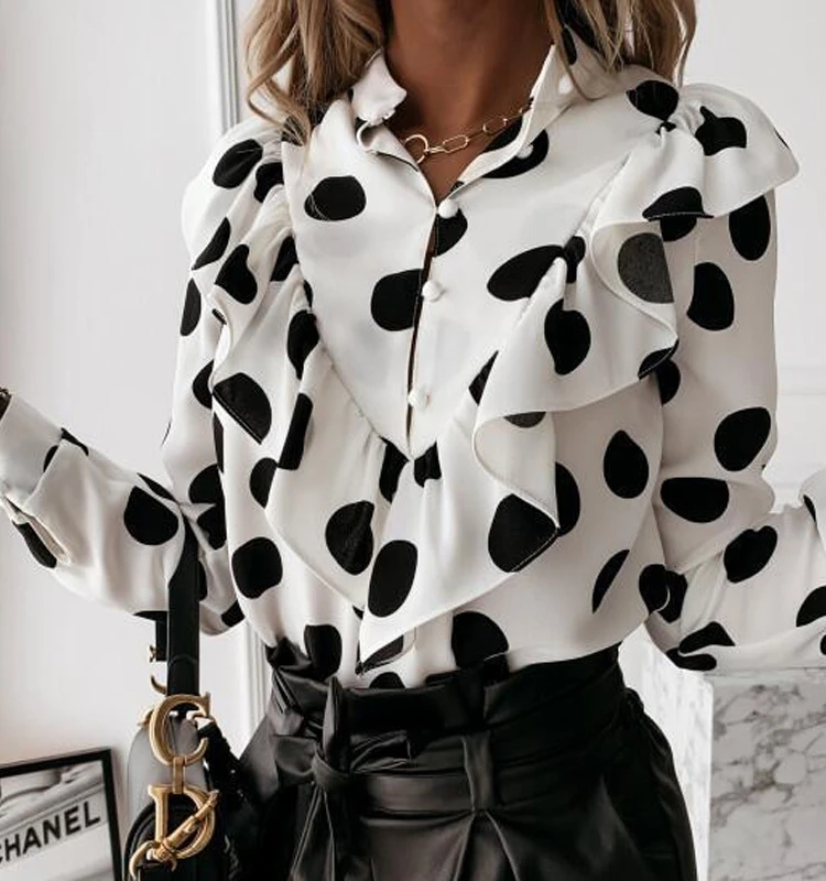 

Women's Polka Dot Ruffled V-ne irt Long Sve Slim Fit Commute Sle Pure Color Polyester Fabric Faion Ladies' irt