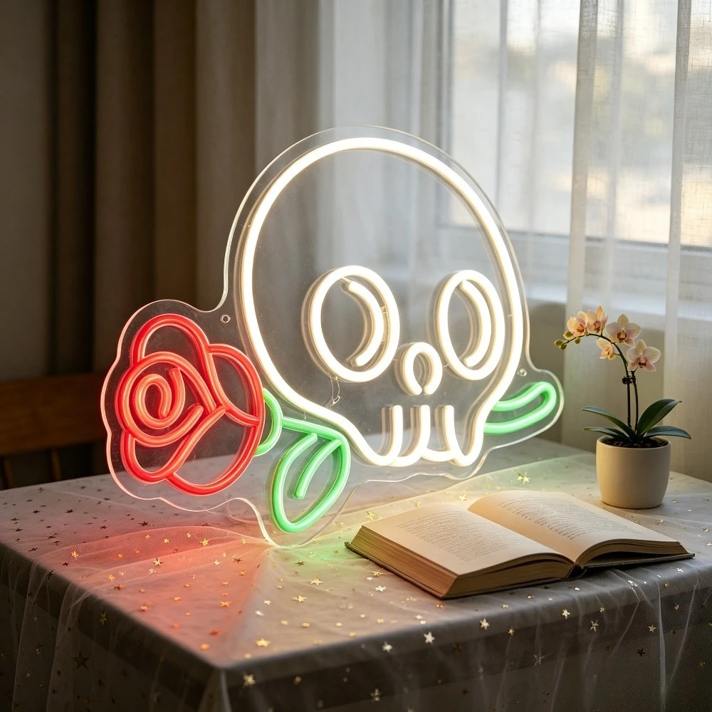 Skull Rose Neon Light Dimmable LED Wall Light for Gothic Tattoo Salon Bedroom Party Fashion Shop Wall Mount Atmosphere Lamp Gift