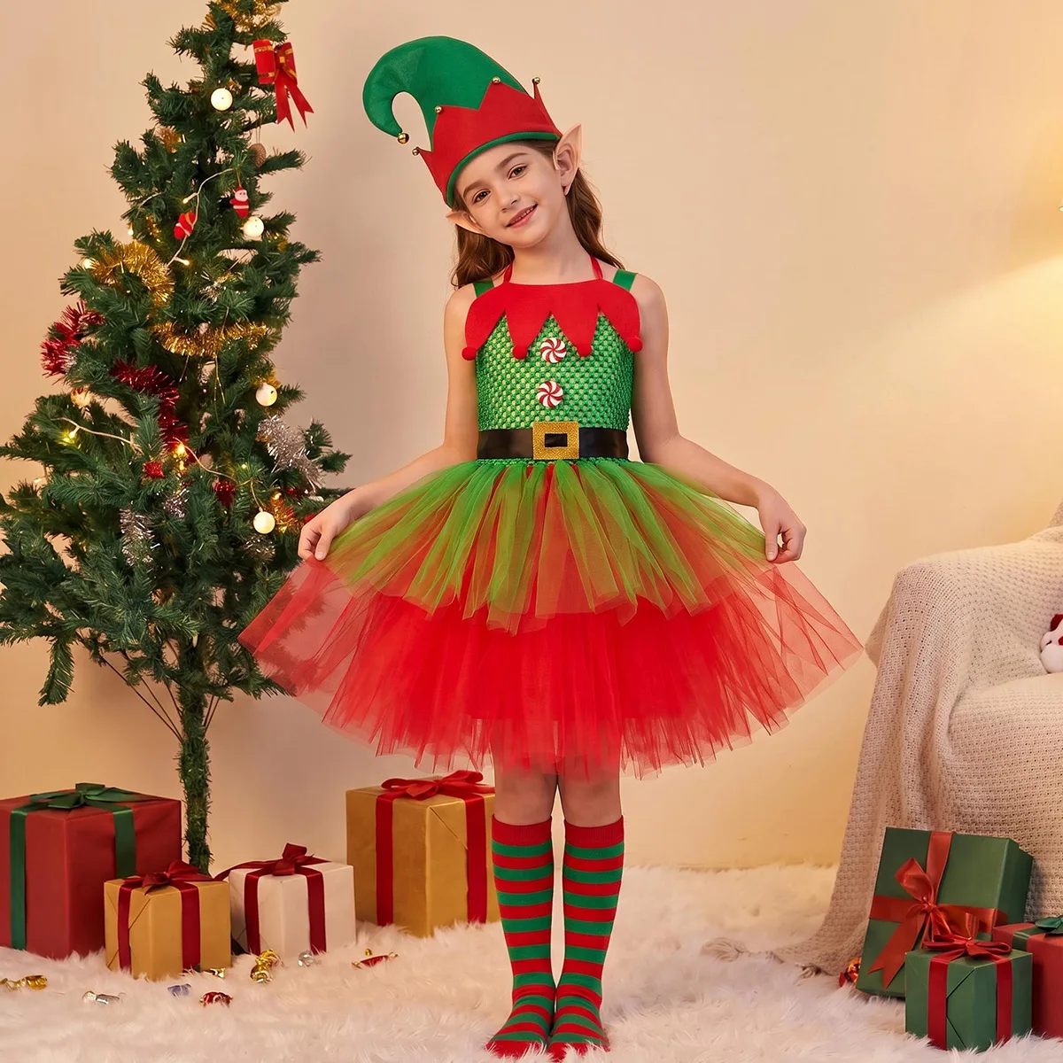 Girls Christmas Elf Costume Green Red Tutu Dress Kids Party Dress  Set Children Xmas Fancy Outfit for Holiday Performance