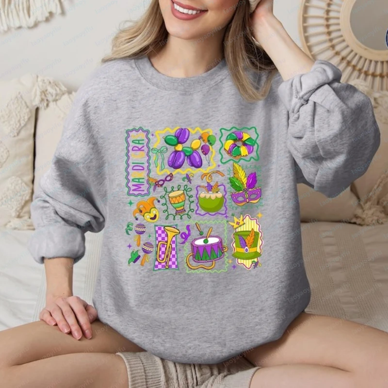 

Футболка для Марди Гра с милой маской шута, толстовка с бантом, дизайн для карнавального парада, Луизиана, фиолетовый и зеленый цвета, верхняя одежда для Дня жирных понедельников