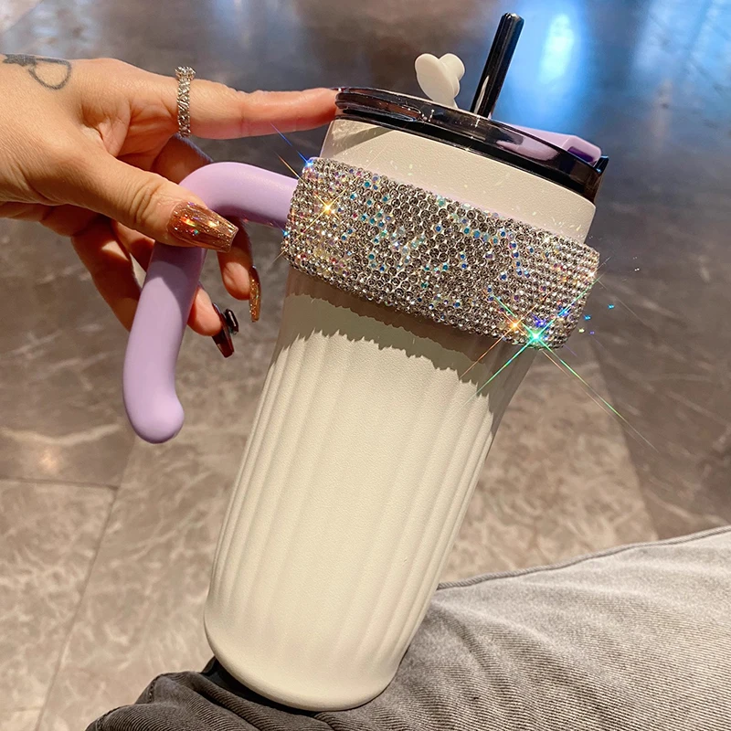 

860ml Stainless Steel Car Thermos Bottle Large Capacity With Handle Straw Mug Portable Travel Vacuum Flask Outdoor Coffee Cup