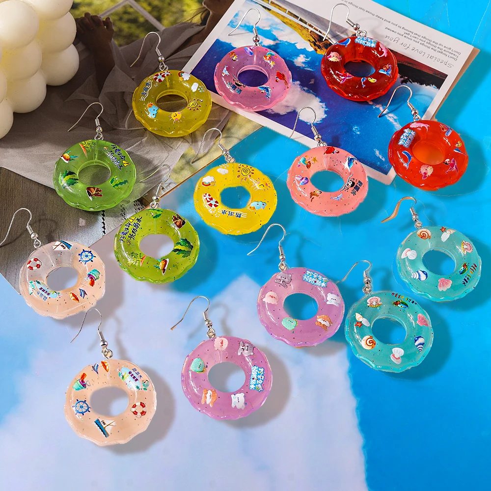 Aihua New 3D Funny Swimming Ring Earrings for Women Girls Cute Kids Earrings Necklace Summer Beach Vacation Jewelry Gifts