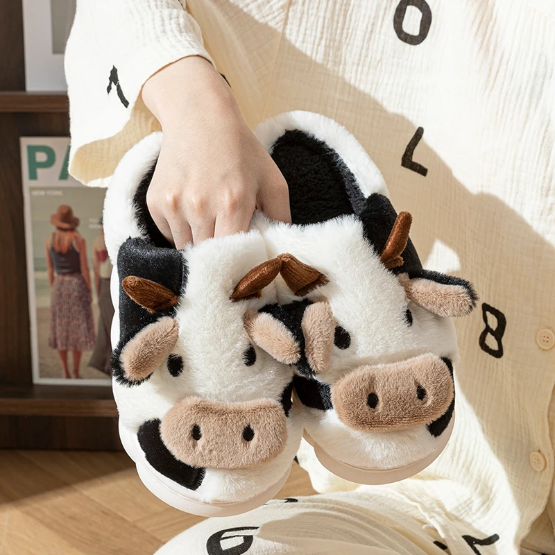 

Cute Cow Plush Slippers for Women Men, Warm Fuzzy Animal Slippers, Indoor Outdoor Cozy Home Shoes
