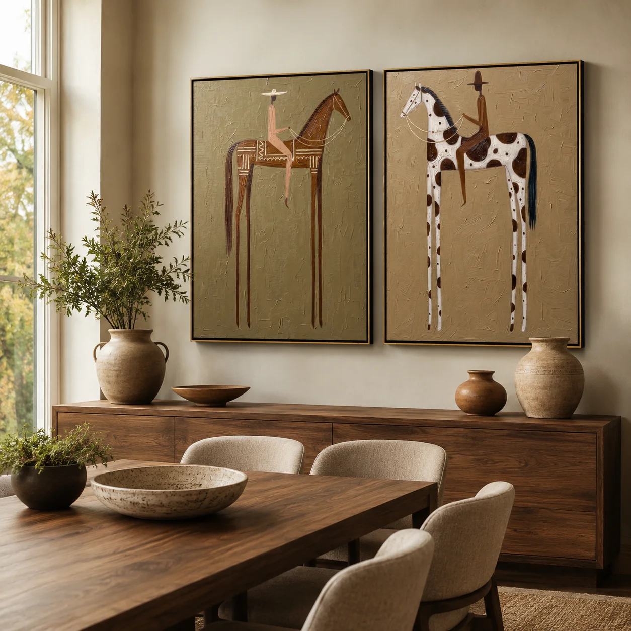 Gold Terrain Diptych – Vintage Americana Two Folk Riders Two-Panel Painting | Farmhouse Living Room Art for Bedroom, Living Room