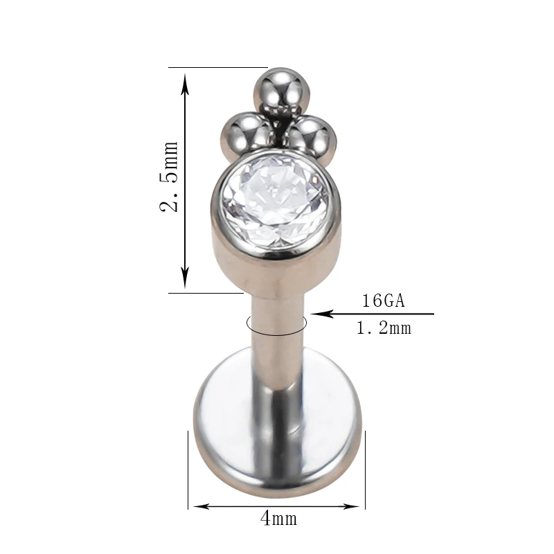 ASTM F136 Titanium ear studs Threaded 3 Balls Cluster CZ Bezel Top Labret Lip Stud PIERC Ear Cartilage Tragus Piercing Jewelry image 6