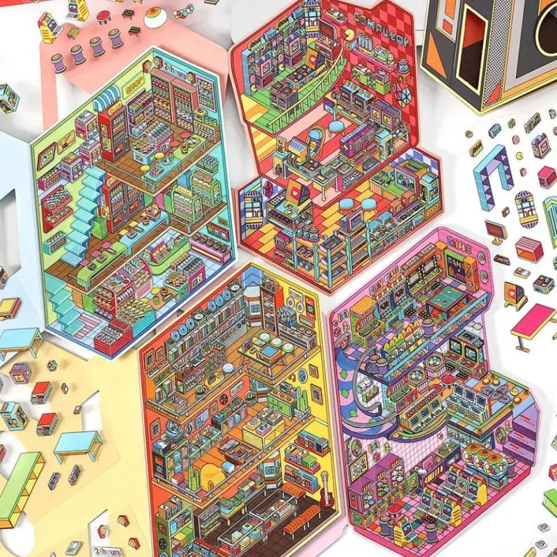 

Ретро киберспортивная комната откидная крышка пейзажная наклейка DIY 3D дофамин цветная кабина миниатюрная наклейка сцены подарок для ребенка